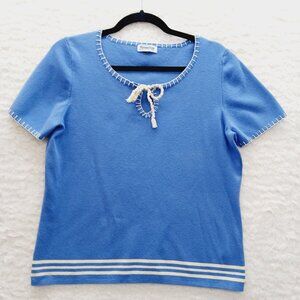 Sweater Blouse Size M Blue Stripe Tie Sailorcore Resort Coastal Grandma Preppy